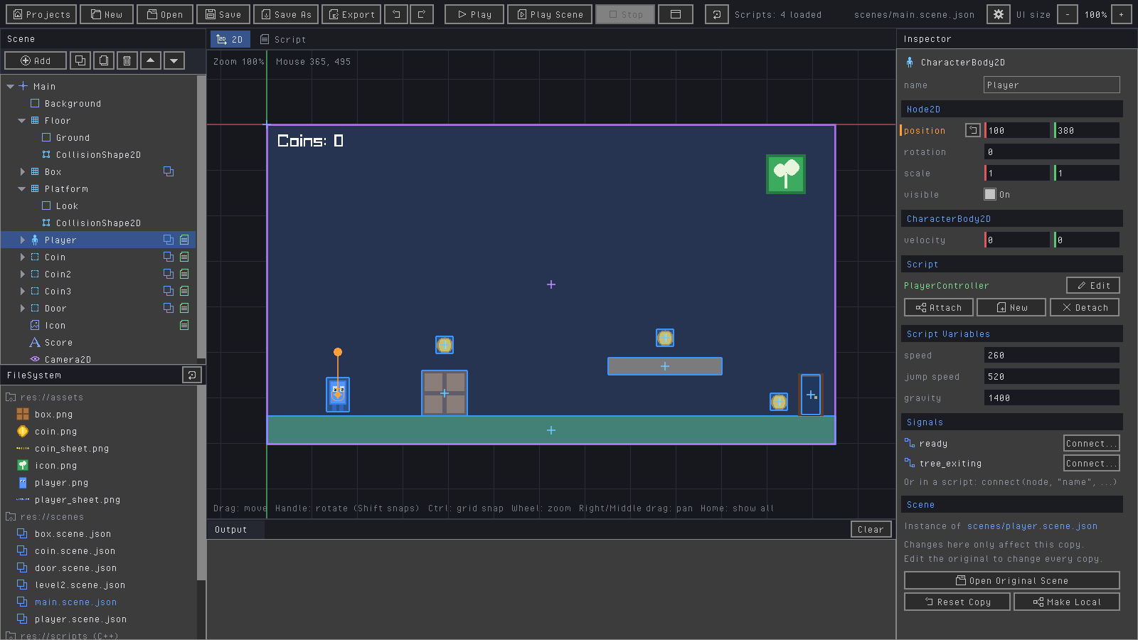 The Sprout Editor: the scene tree on the left, a platformer level in the middle, and the selected player's properties and script variables on the right.